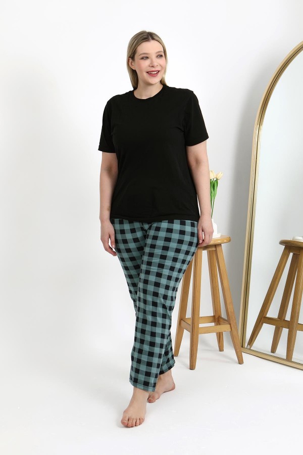 Moda Çizgi Kadın Pamuklu Büyük Beden Alt Pijama 27557 Turkuaz