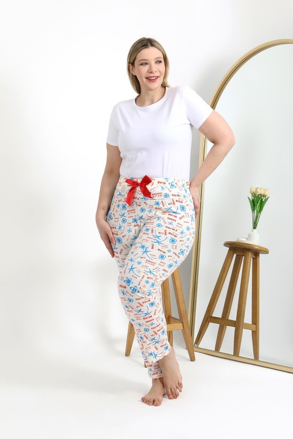 Moda Çizgi Kadın Pamuklu Büyük Beden Alt Pijama 27558 Ekru