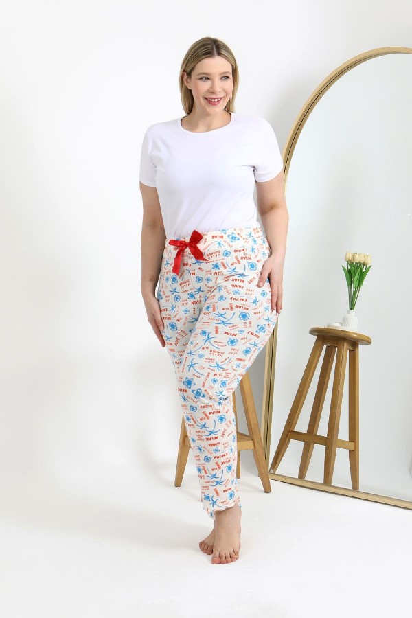 Moda Çizgi Kadın Pamuklu Büyük Beden Alt Pijama 27558 Ekru