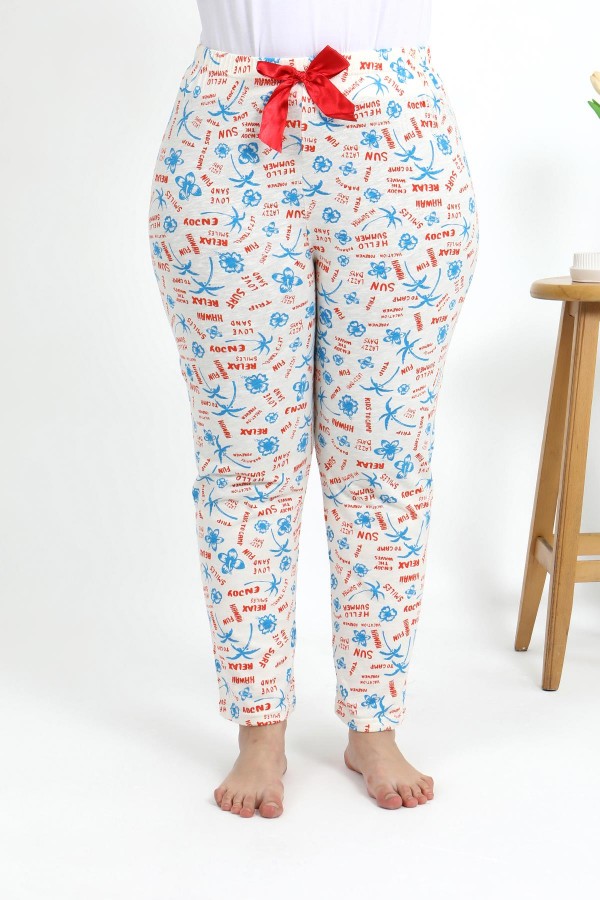 Moda Çizgi Kadın Pamuklu Büyük Beden Alt Pijama 27558 Ekru