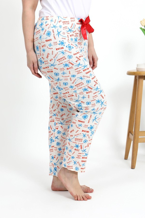 Moda Çizgi Kadın Pamuklu Büyük Beden Alt Pijama 27558 Ekru