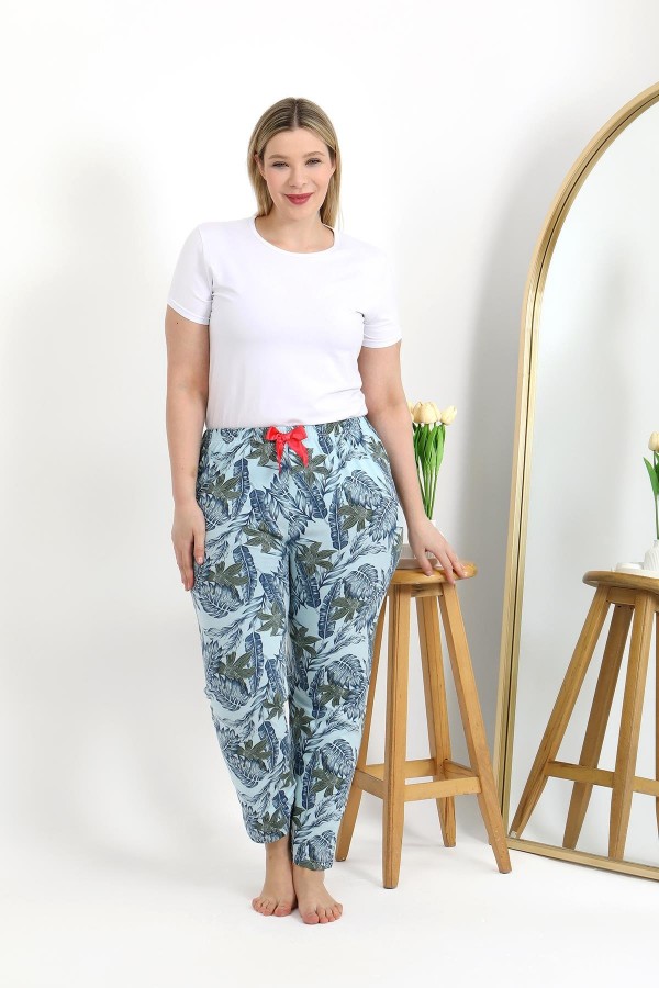 Moda Çizgi Kadın Pamuklu Büyük Beden Alt Pijama 27558 Mavi