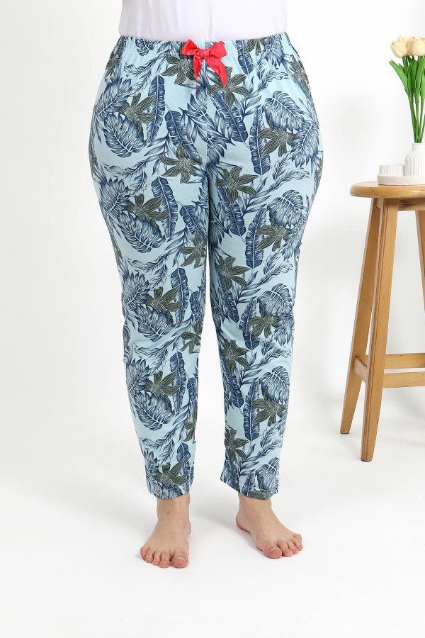 Moda Çizgi Kadın Pamuklu Büyük Beden Alt Pijama 27558 Mavi
