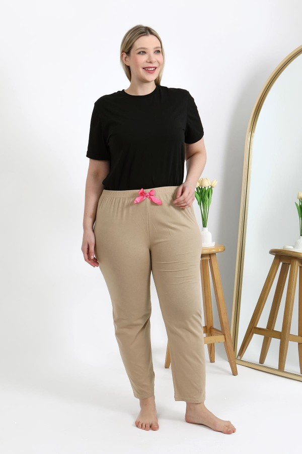 Moda Çizgi Kadın Pamuklu Büyük Beden Alt Pijama 27559 Bej