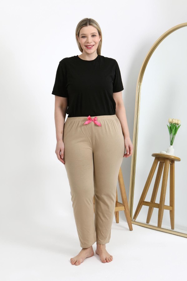 Moda Çizgi Kadın Pamuklu Büyük Beden Alt Pijama 27559 Bej