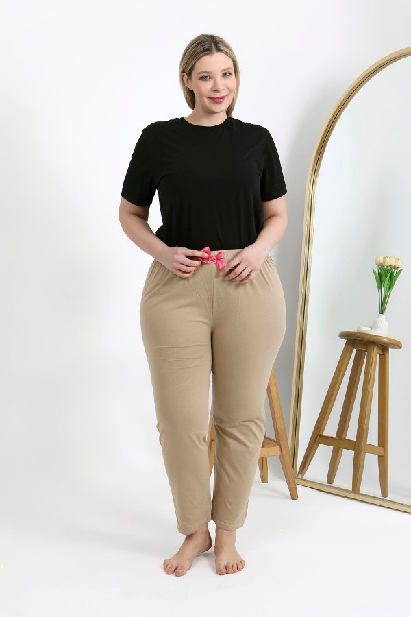 Moda Çizgi Kadın Pamuklu Büyük Beden Alt Pijama 27559 Bej