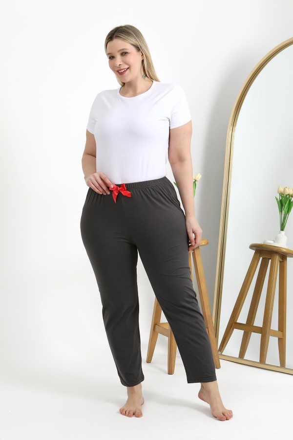 Moda Çizgi Kadın Pamuklu Büyük Beden Alt Pijama 27559 Füme