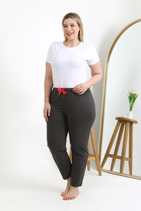 Moda Çizgi Kadın Pamuklu Büyük Beden Alt Pijama 27559 Füme