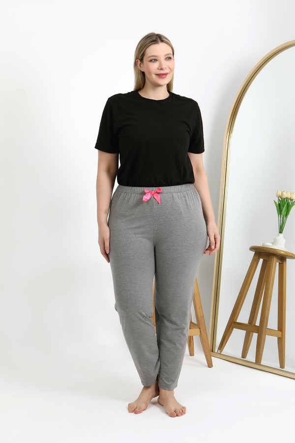 Moda Çizgi Kadın Pamuklu Büyük Beden Alt Pijama 27559 Gri