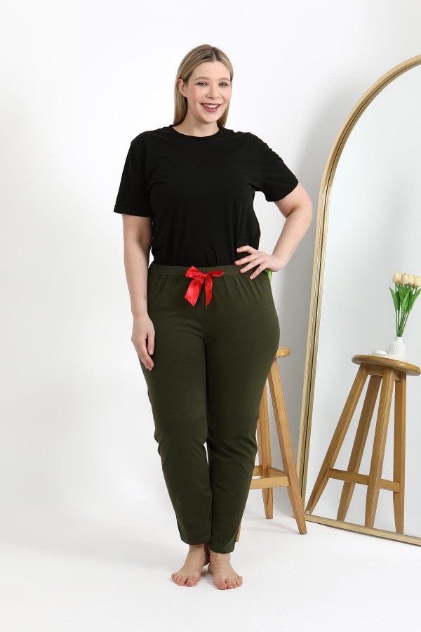 Moda Çizgi Kadın Pamuklu Büyük Beden Alt Pijama 27559 Haki