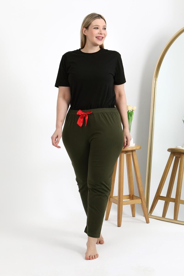 Moda Çizgi Kadın Pamuklu Büyük Beden Alt Pijama 27559 Haki