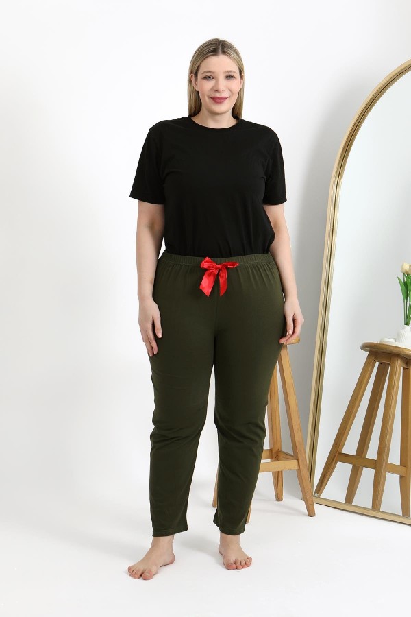 Moda Çizgi Kadın Pamuklu Büyük Beden Alt Pijama 27559 Haki