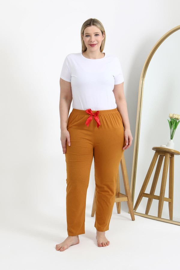 Moda Çizgi Kadın Pamuklu Büyük Beden Alt Pijama 27559 Hardal