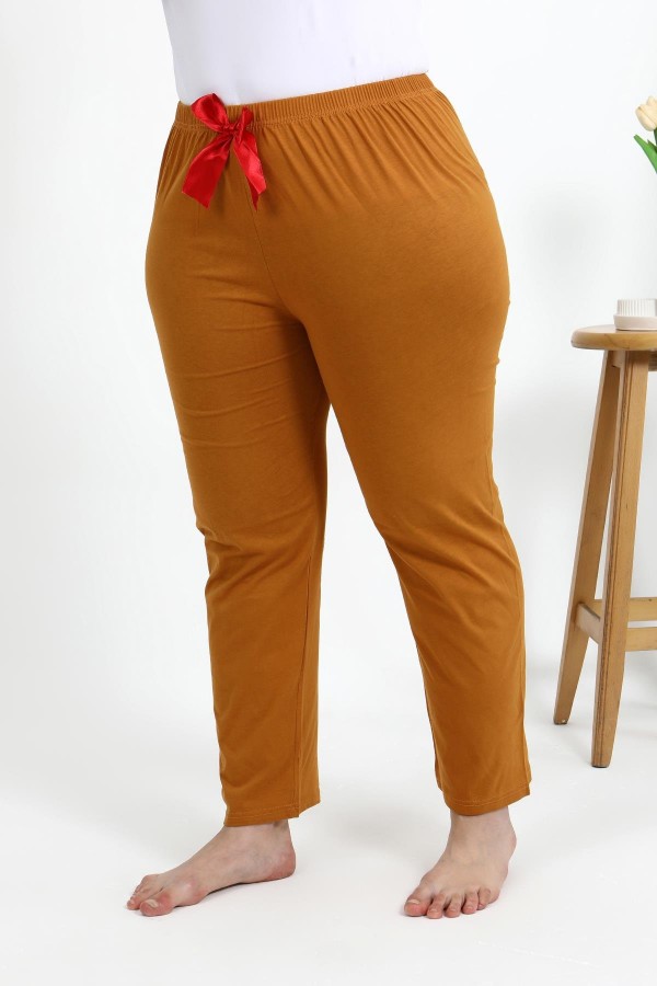 Moda Çizgi Kadın Pamuklu Büyük Beden Alt Pijama 27559 Hardal