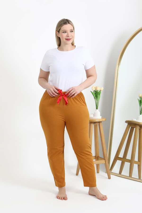 Moda Çizgi Kadın Pamuklu Büyük Beden Alt Pijama 27559 Hardal