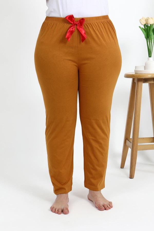 Moda Çizgi Kadın Pamuklu Büyük Beden Alt Pijama 27559 Hardal