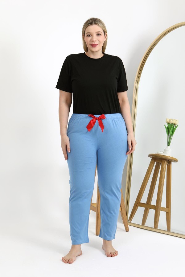 Moda Çizgi Kadın Pamuklu Büyük Beden Alt Pijama 27559 Mavi