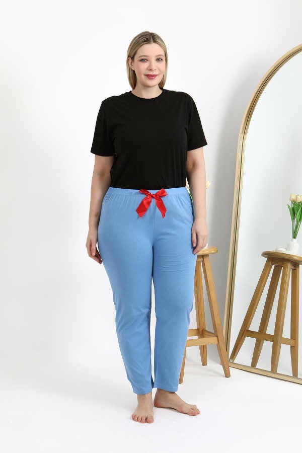Moda Çizgi Kadın Pamuklu Büyük Beden Alt Pijama 27559 Mavi