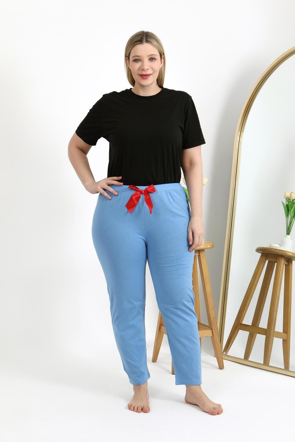 Moda Çizgi Kadın Pamuklu Büyük Beden Alt Pijama 27559 Mavi