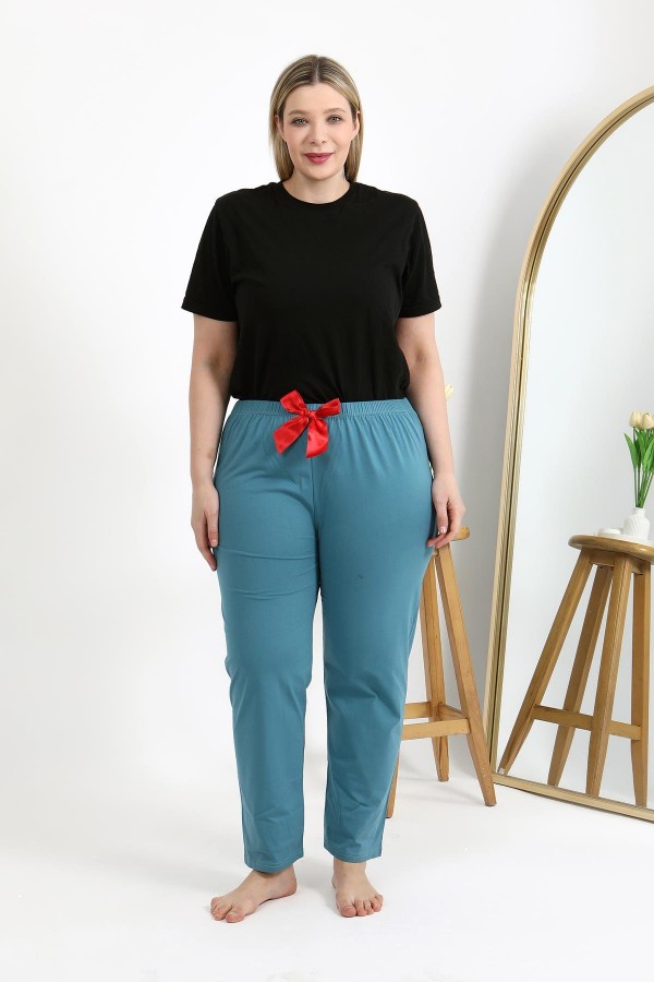 Moda Çizgi Kadın Pamuklu Büyük Beden Alt Pijama 27559 Petrol