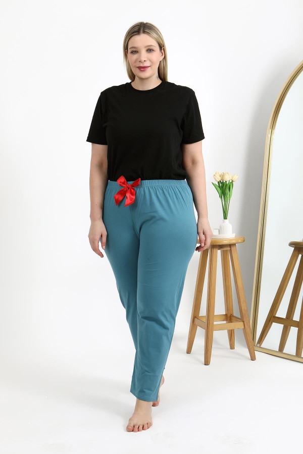 Moda Çizgi Kadın Pamuklu Büyük Beden Alt Pijama 27559 Petrol