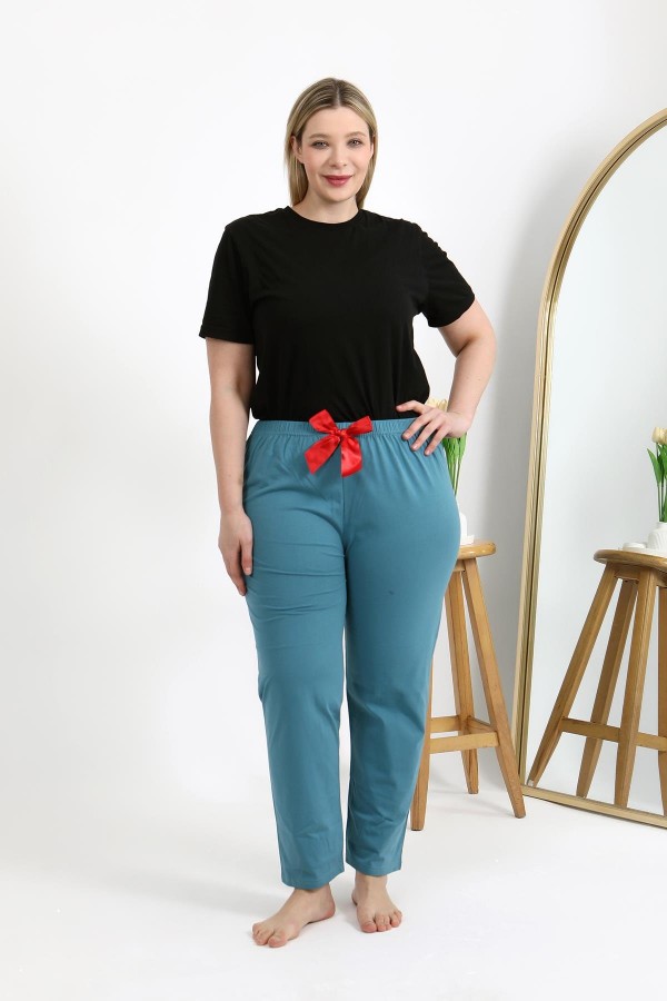 Moda Çizgi Kadın Pamuklu Büyük Beden Alt Pijama 27559 Petrol