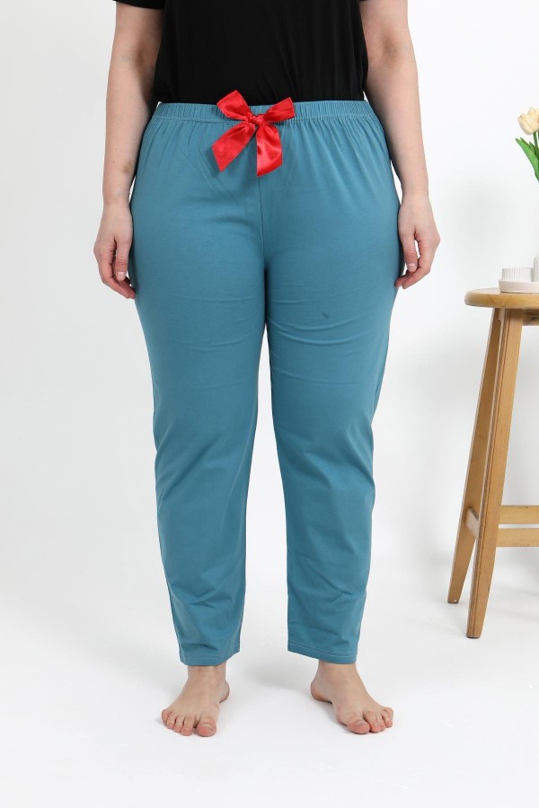 Moda Çizgi Kadın Pamuklu Büyük Beden Alt Pijama 27559 Petrol