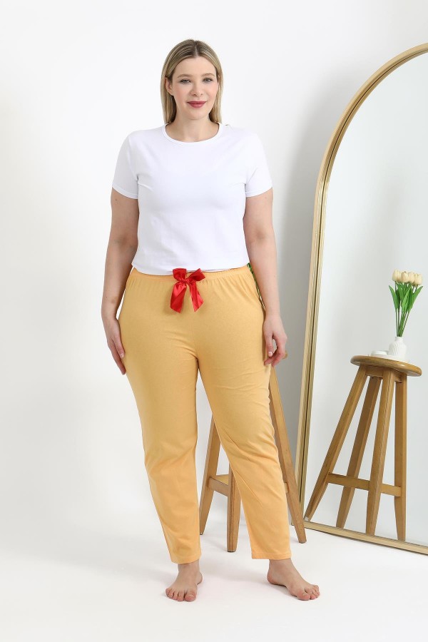 Moda Çizgi Kadın Pamuklu Büyük Beden Alt Pijama 27559 Sarı