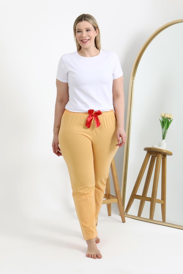 Moda Çizgi Kadın Pamuklu Büyük Beden Alt Pijama 27559 Sarı
