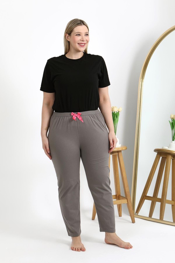 Moda Çizgi Kadın Pamuklu Büyük Beden Alt Pijama 27559 Vizon