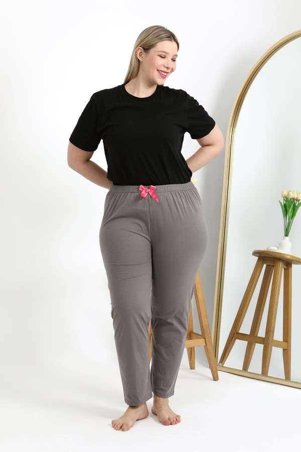Moda Çizgi Kadın Pamuklu Büyük Beden Alt Pijama 27559 Vizon