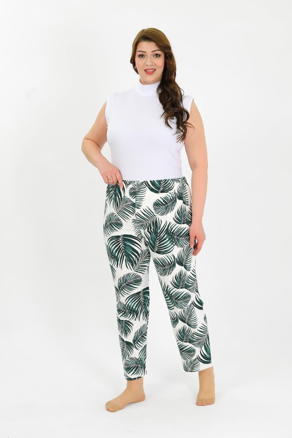 Moda Çizgi Kadın Pamuklu Büyük Beden Alt Pijama Yeşil 27563