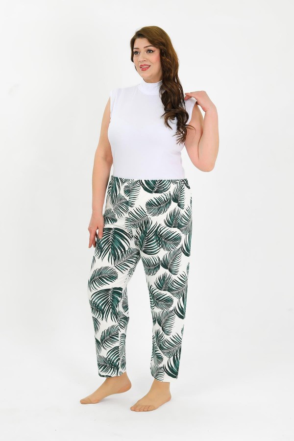 Moda Çizgi Kadın Pamuklu Büyük Beden Alt Pijama Yeşil 27563
