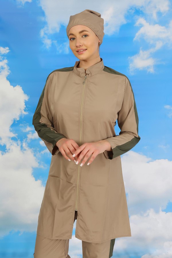 Moda Çizgi Kadın Pantolonlu Kolu Şeritli Tam Tesettür Mayo Bej 31065