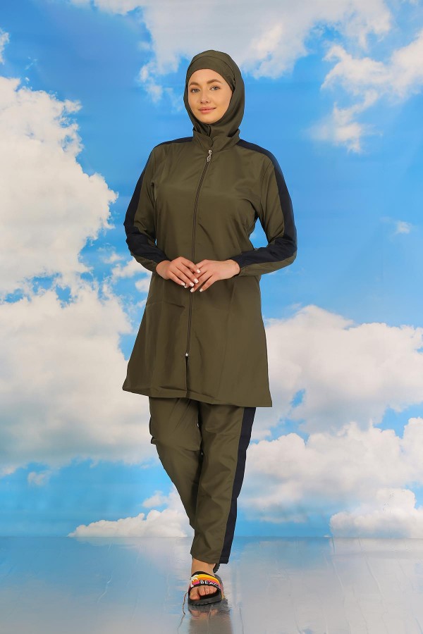 Moda Çizgi Kadın Pantolonlu Kolu Şeritli Tam Tesettür Mayo Haki 31066