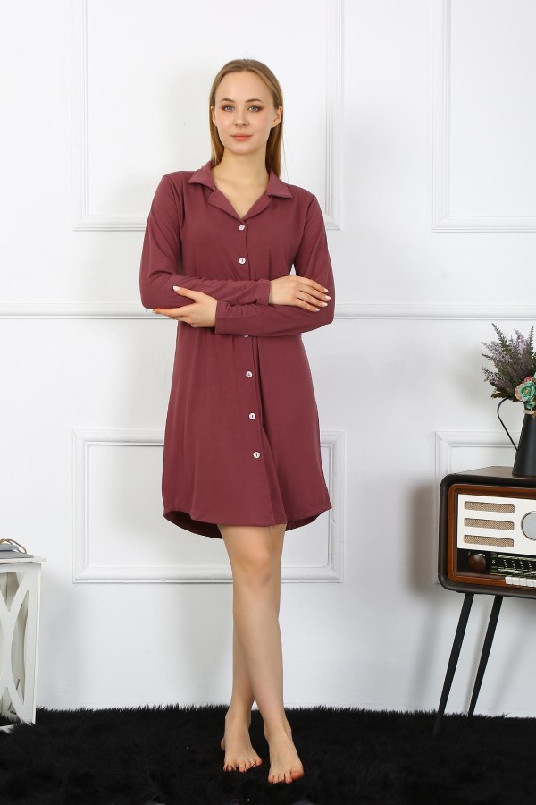 Moda Çizgi Kadın Penye Uzun Kol Düğmeli Mürdüm Tunik Gecelik 13103