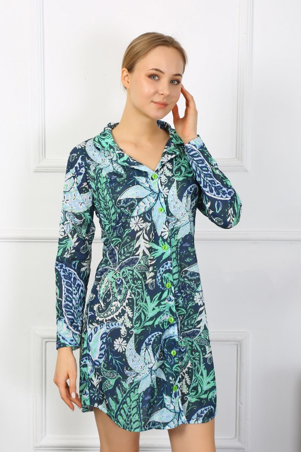 Moda Çizgi Kadın Penye Uzun Kol Düğmeli Yeşil Tunik Gecelik 13100