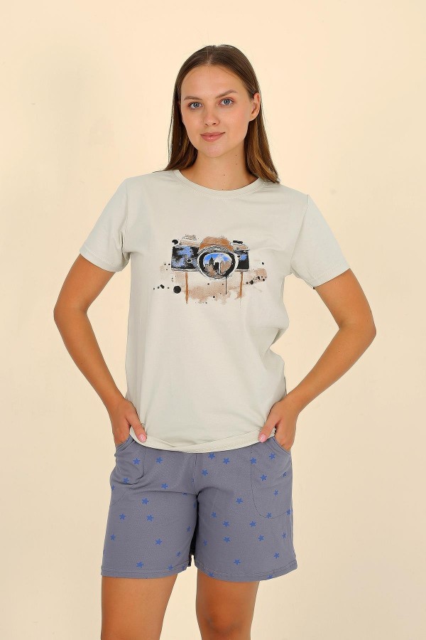 Moda Çizgi Kadın Şortlu Kısa Kol Penye Pijama Takımı Krem 3622