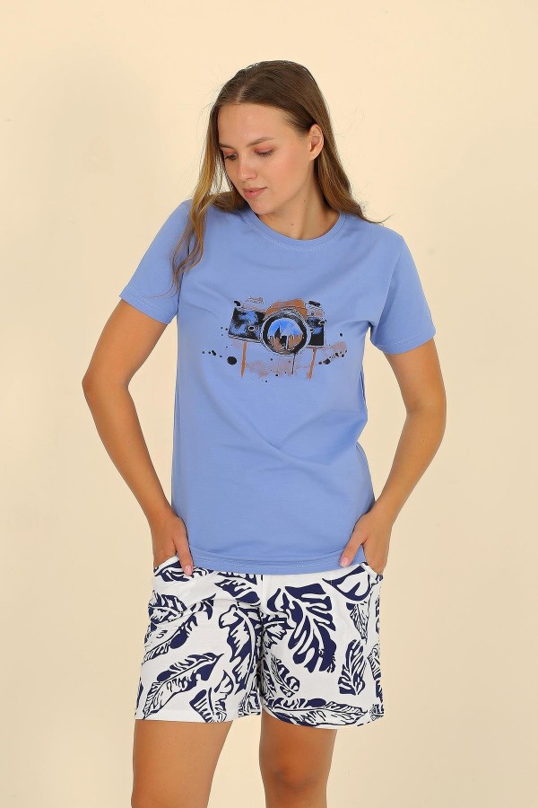 Moda Çizgi Kadın Şortlu Kısa Kol Penye Pijama Takımı Mavi 3622