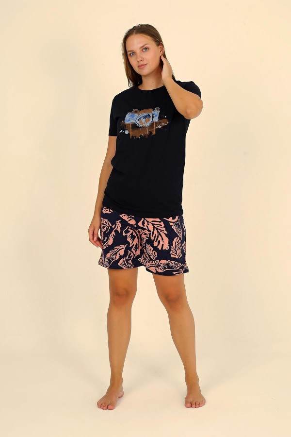 Moda Çizgi Kadın Şortlu Kısa Kol Penye Pijama Takımı Siyah 3623
