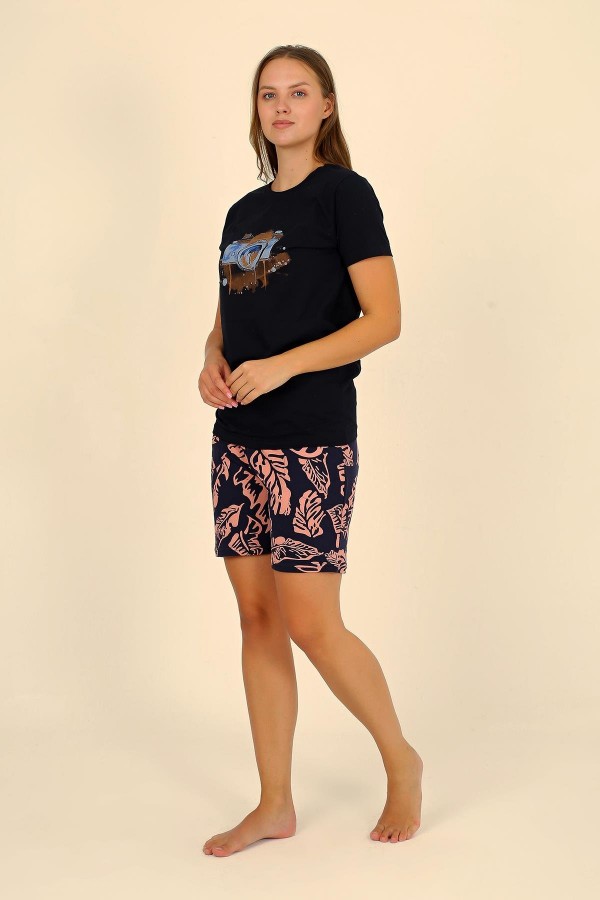 Moda Çizgi Kadın Şortlu Kısa Kol Penye Pijama Takımı Siyah 3623