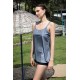 Moda Çizgi Kadın Şortlu Tankini Elbise Mayo Gri 36001