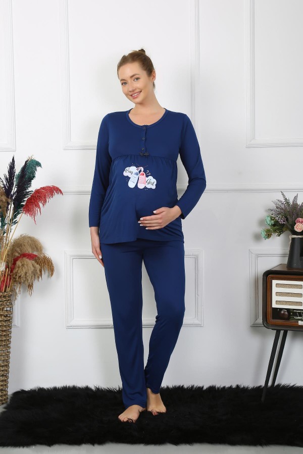 Moda Çizgi Kadın Uzun Kol Hamile Lohusa Pijama Takımı Lacivert 45501