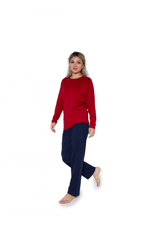 Moda Çizgi Kadın Uzun Kol Penye Pijama Takımı Bordo 41110