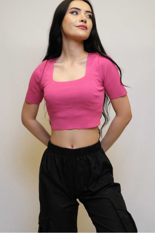 Moda Çizgi Kare Yaka Triko Crop Fuşya
