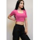 Moda Çizgi Kare Yaka Triko Crop Fuşya