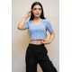 Moda Çizgi Kare Yaka Triko Crop Mavi