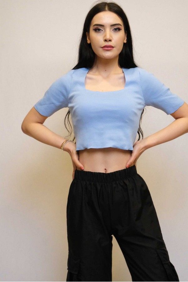 Moda Çizgi Kare Yaka Triko Crop Mavi