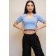 Moda Çizgi Kare Yaka Triko Crop Mavi