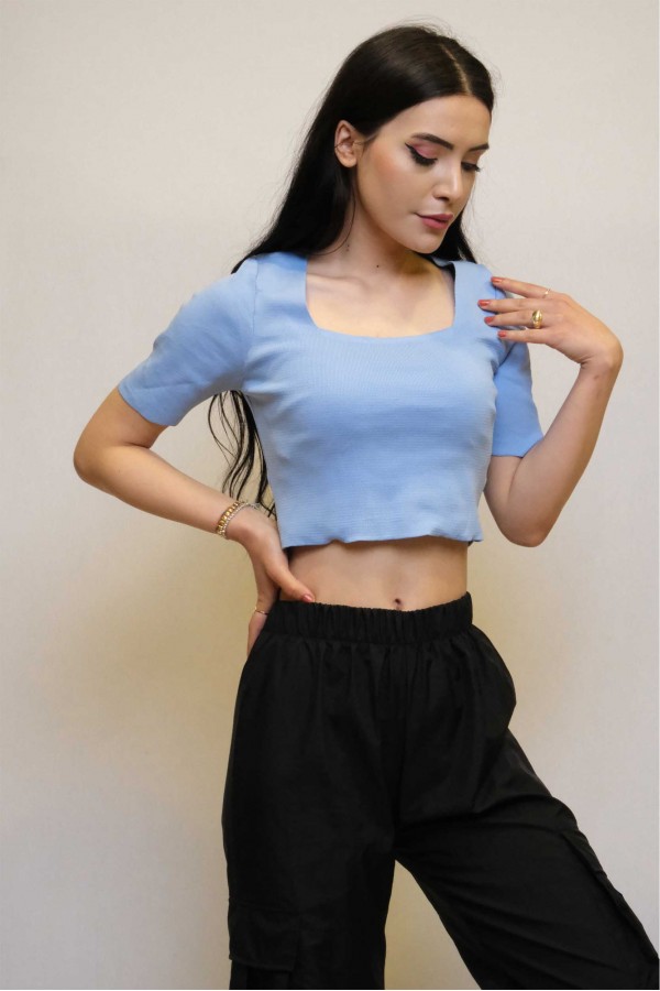 Moda Çizgi Kare Yaka Triko Crop Mavi